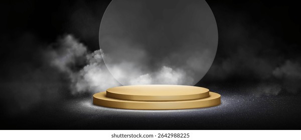 Luxury gold podium with atmospheric smoke effects and illumination - elegant circular platform on dark backdrop for premium product display, award ceremony stage and exclusive brand presentation scene