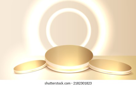 Luxury gold podium background with stage and empty golden 3d platform. Presentation display for cosmetic commercial template stand and pedestal backdrop studio round showcase scene.