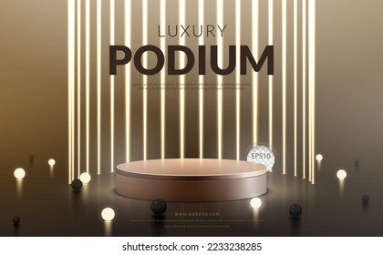 Luxury gold podium with golden lines neon and glow ball on brown background for product display, Vector illustration
