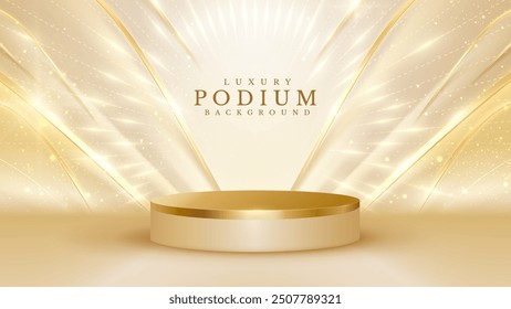 Luxury gold podium for show products with ribbons decorations and glitter light effects and bokeh.