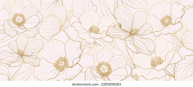 Vector de fondo de arte de la flor de adormidera de oro de lujo. Flor botánica natural elegante con arte en línea dorada. Ilustración de diseño para la decoración, decoración de paredes, papel pintado, cubierta, pancarta, afiche, tarjeta.