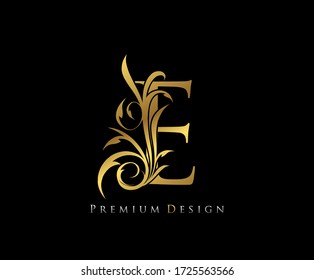 Luxury Gold Premium E Letter . Graceful style. Calligraphic beautiful logo. Vintage drawn emblem for book design, brand name, business card, Restaurant, Boutique, Hotel.  