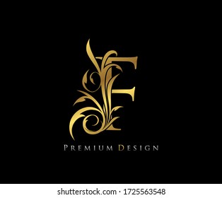 Luxury Gold Premium F Letter . Graceful style. Calligraphic beautiful logo. Vintage drawn emblem for book design, brand name, business card, Restaurant, Boutique, Hotel.  