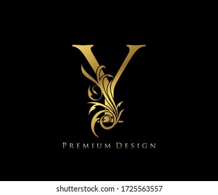 Luxury Gold Premium Y Letter . Graceful style. Calligraphic beautiful logo. Vintage drawn emblem for book design, brand name, business card, Restaurant, Boutique, Hotel.  