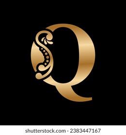 luxury gold Q logo design with beautiful floral ornaments. Q monogram typography. letter logo with feather. vintage logos