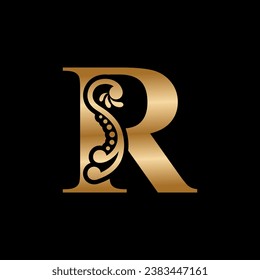 luxury gold R logo design with beautiful floral ornaments. R monogram typography. letter logo with feather. vintage logos