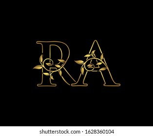 Luxury Gold R, A and RA Letter Classy Floral Logo Icon,  Elegant Design.