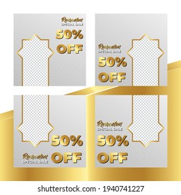 Luxury Gold Ramadan Kareem Sale Or Discount Social Media Template Bundle for Banner, Ads, Advertising, Greeting Card, Poster, and Others Media Promotion.