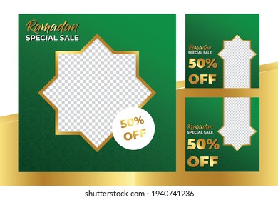 Luxury Gold Ramadan Kareem Sale Or Discount Social Media Template Bundle for Banner, Ads, Advertising, Greeting Card, Poster, and Others Media Promotion.