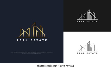 Luxury Gold Real Estate Logo Design with Line Style. Construction, Architecture or Building Logo Design Template