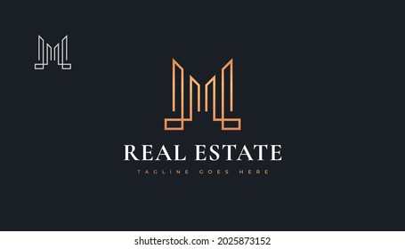 Luxury Gold Real Estate Logo Design with Initial Letter M. Construction, Architecture or Building Logo Design