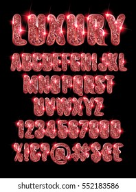 luxury gold red alphabet and numbers on a dark background. Vector illustration