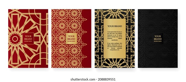 Luxury gold, red and black curve pattern cover design set. Elegant geometric ornament on golden background. Premium vector collection for rich brochure, luxe invite, royal wedding template