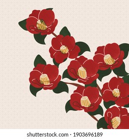 Luxury gold and red camellia flower background. Japanese oriental style abstract arts design for wall framed prints, canvas prints, poster, home decor, cover, wallpaper. 