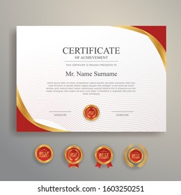 Luxury gold and red certificate with gold badge and border vector template