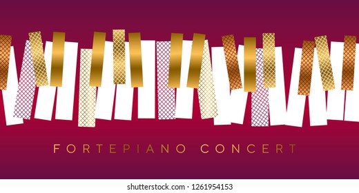 Luxury gold and red invitation for music concert, Classic piano keyboard in geometric mosaic style. Elegant urban modern design element for music and dance projects.