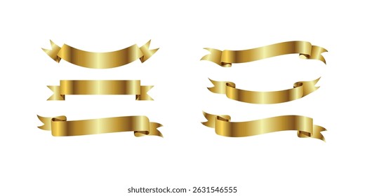 Luxury gold ribbon banners set with elegant metallic shine, isolated on black background, perfect for awards, labels, decoration, and celebration themes.