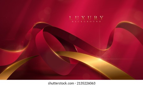 Luxury gold ribbon on red background with glitter light effect and beam element and bokeh decoration