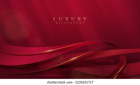 Luxury gold ribbon on red background with glitter light effect and beam element and bokeh decoration