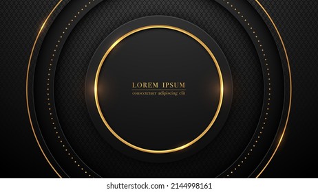 Luxury gold rings and overlapping squares design on abstract geometric black background. Vector illustration