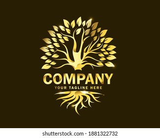 luxury gold root and tree logo design template