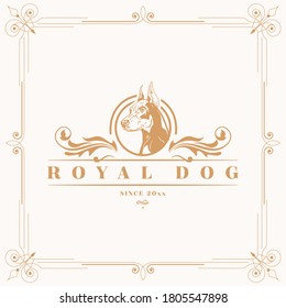 luxury gold royal dog vector logo template. doberman dog with decorative ornaments design illustration