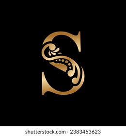 luxury gold S logo design with beautiful floral ornaments. S monogram typography. letter logo with feather. vintage logos