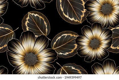 Luxury gold seamless floral pattern with cosmos flowers and the leaves calathea.