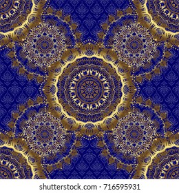 Luxury gold seamless pattern with abstract vector elements. Golden pattern on blue background.