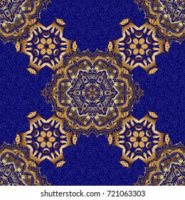 Luxury gold seamless pattern with abstract vector elements. Golden pattern on blue background.