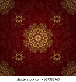 Luxury gold seamless pattern with stars. Vector gold star pattern, star decorations, golden grid on a red background.
