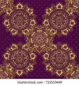 Luxury gold seamless pattern with stars. Vector gold star pattern, star decorations, golden grid on a purple background.