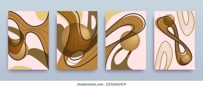 Luxury gold set of posters. Abstract geometry, smooth flow of shapes, golden ball sphere, art line, outline. Premium template, modern design, luxury wall art. Vector set banner, cover, web, business.