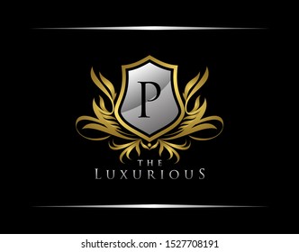 Luxury Gold Shield P Letter Logo. Gold Vintage Shield With P Letter prefect for boutique,security, hotel, restaurant, wedding and other vintage business.