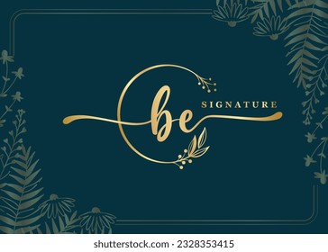 luxury gold signature initial be logo design isolated leaf and flower 