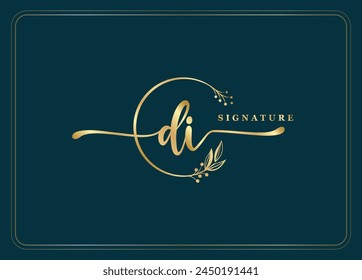 luxury gold signature initial DI logo design isolated leaf and flower