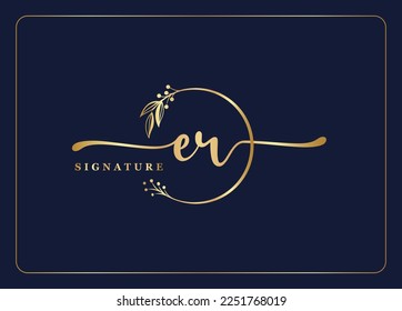 luxury gold signature initial ER logo design isolated leaf and flower 