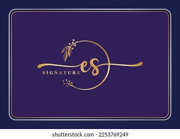 luxury gold signature initial ES logo design isolated leaf and flower 