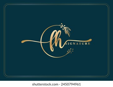 luxury gold signature initial FH logo design isolated leaf and flower
