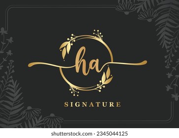luxury gold signature initial ha logo design isolated leaf and flower
