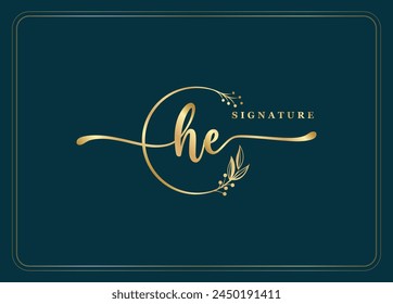 luxury gold signature initial HE logo design isolated leaf and flower