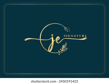 luxury gold signature initial JE logo design isolated leaf and flower