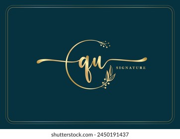 luxury gold signature initial QU logo design isolated leaf and flower