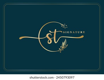 luxury gold signature initial ST logo design isolated leaf and flower