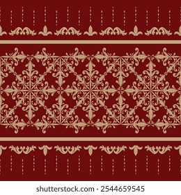 Luxury Gold Silk Weaves Damask Pattern on Burgundy Background Seamless Pattern Vector. batik hand draw textile, Jacquard loom, Brocade, Satin weave, Silk damask, Floral pattern, Renaissance influence