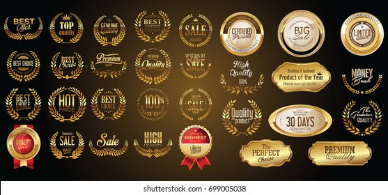 Coleção de emblemas e etiquetas de design de ouro e prata de luxo