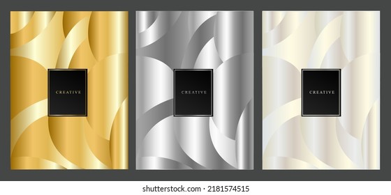 Luxury gold, silver and platinum cover design. Abstract geometric set backgrounds with curved shapes. Metallic effect. Vector illustration.