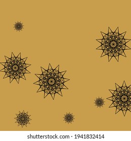 Luxury Gold Snowflakes New Year Autumn Pattern. Mandala Colorful Mystery Gothic Chaotic Sky Background. BlackFolk Mustard Rich Dark Wallpaper. Sharp Christmas Golden Print Stars Illustration.