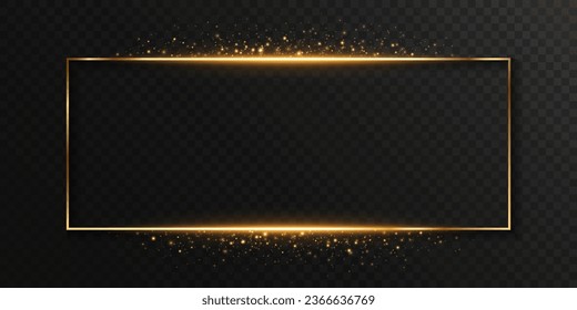 Luxury gold sparkling frame isolated on dark transparent background. Magic golden banner with dynamic magical particles. Vector illustration. EPS 10.