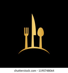 Luxury gold spoon, knife and fork logo icon design template vector